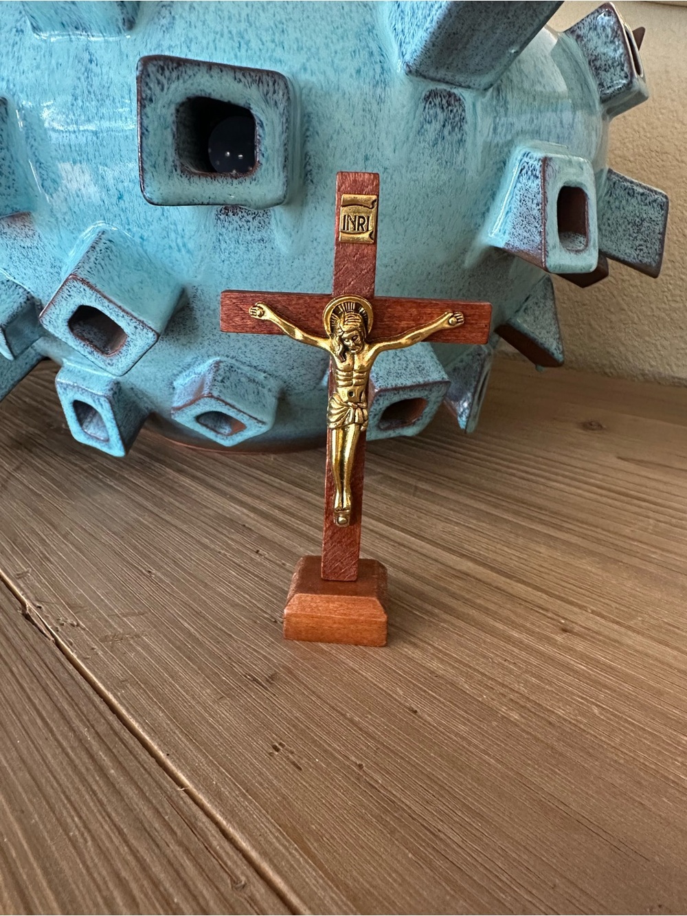 Gold and Brown Wooden Crucifix with Gold Corpus